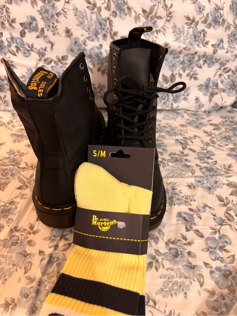 Dr. Martens Black Leather Lace-Up Boots with Yellow Stitching - Picture 3 of 6